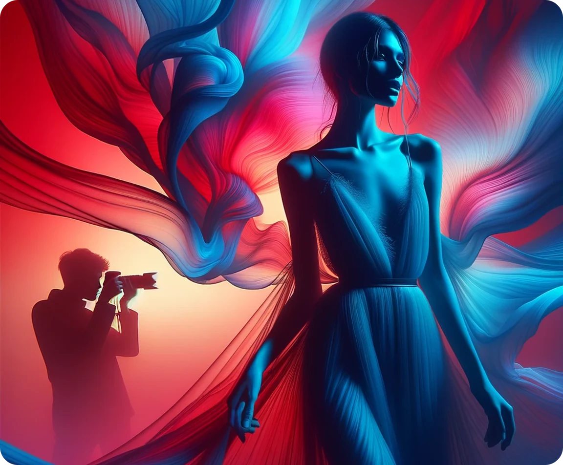 Photographer capturing a model in coloured light