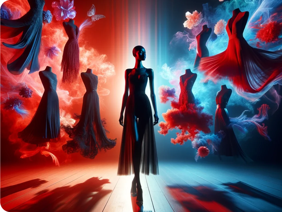 Editorial fashion artwork in red and blue tones